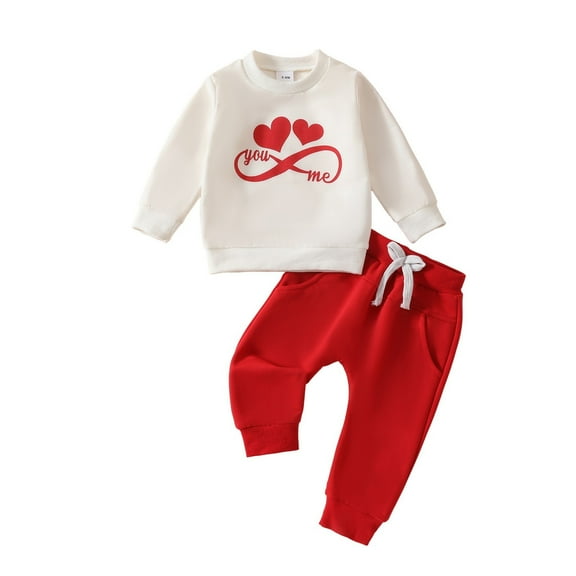 Hpapadks Baby Girl Outfits Valentine's Day Letter Heart Print Long Sleeve Sweatshirt Trousers Baby Boy Clothes Red 12 Months-18 Months