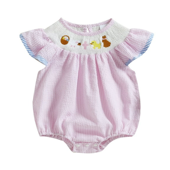 Hpapadks Baby Girl Romper Summer Easter Bunny Embroidered Fly Sleeve Smocked Plaid Bodysuit Baby Bodysuit Light Purple 12-18 Months