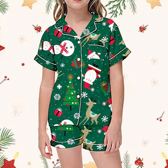 Hpapadks Baby Pajamas Christmas Collar Short Sleeve Pajama Set Button Down Pjs for Girls D 4-5 Years