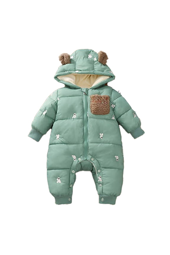 Baby Romper Winter Plus Fleece Thick Long Sleeve Cute Cartoon Padded Hooded Jumpsuit Baby Bodysuit Light Green 6 Months-12 Months
