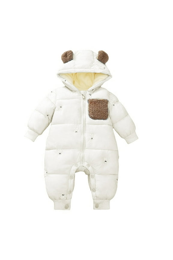Baby Romper Winter Plus Fleece Thick Long Sleeve Cute Cartoon Padded Hooded Jumpsuit Baby Bodysuit White 18 Months-24 Months