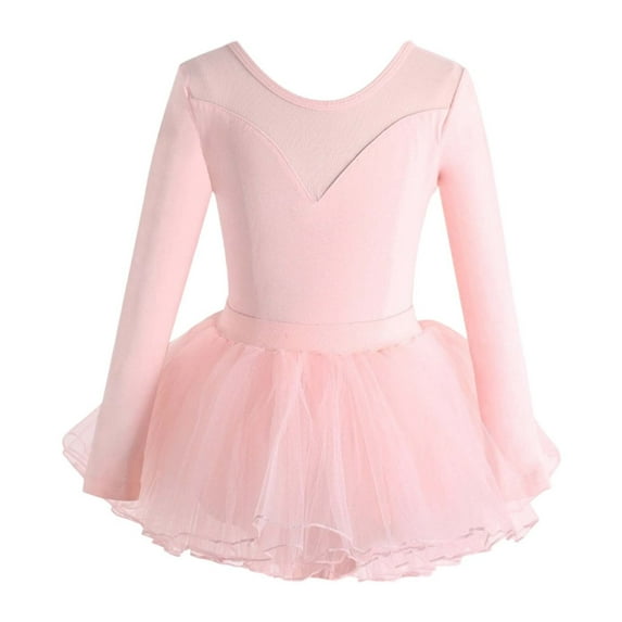 Hpapadks Ballet Leotards for Girls Girl Translucent Dance Bodysuit Long Sleeve Solid Ballet Jazz Romper Leotard and Skirt Girls Dress Pink 7-8Y