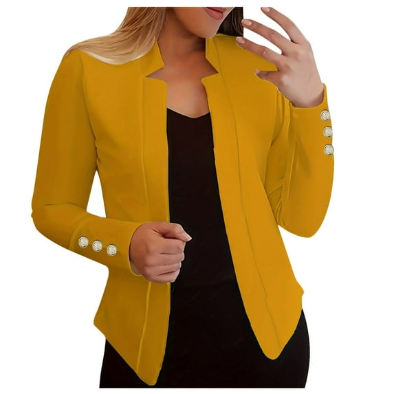 Hpapadks Blazer for Women Formal Solid Long Sleeve Outerwear Trench Cardigan Suit Jacket Yellow S