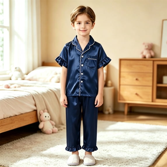 Hpapadks Boy Pajamas Silk Like Short Sleeve Long Pants Pajama Set Summer Toddler Pjs Blue 3-4 Years