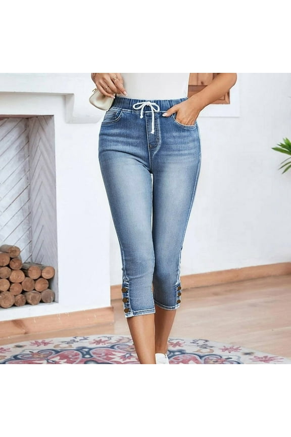 Boyfriend Jeans for Women Elastic Waist Drawstring Stretch Cropped Denim Pant with Pockets Pants for Women Blue L