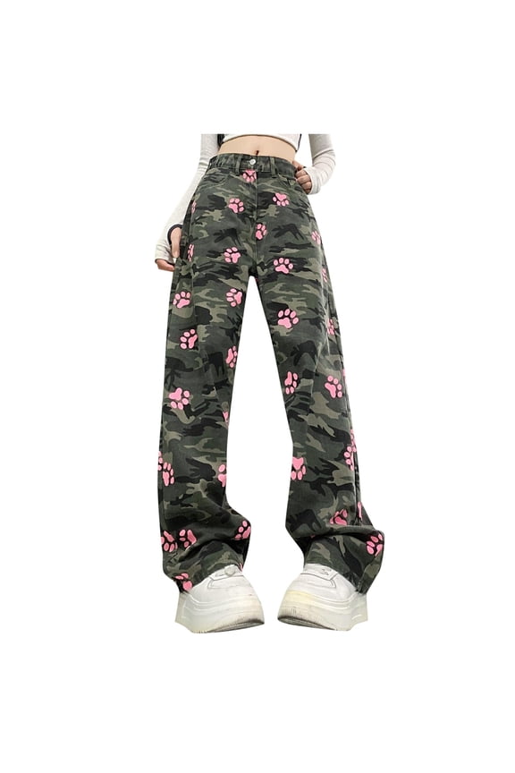 Leopard Pants Women High Waist Cat Print Loose Fit Straight Leg Denim Trousers Flattering Coverage Wide Leg Jeans Woman Camouflage L