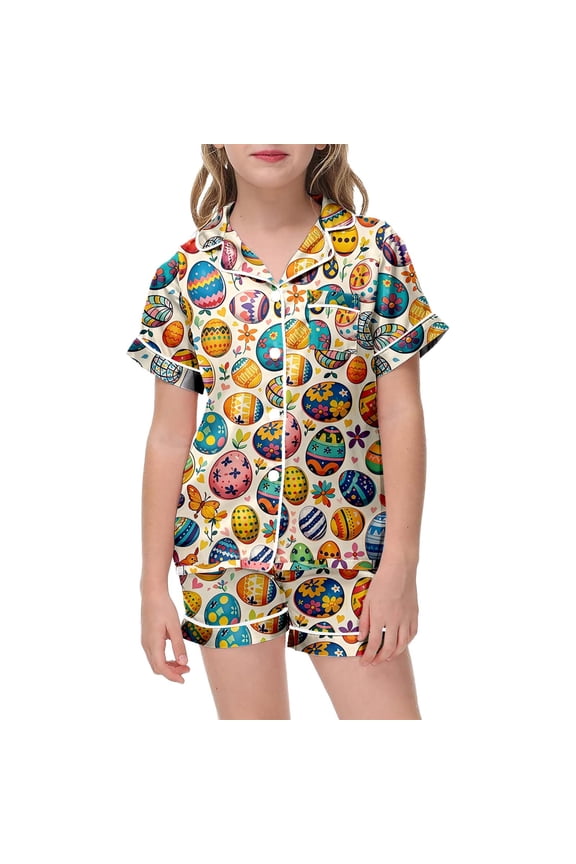 Boys Pajamas Fashion Easter Eggs Print Button Down Short Sleeve Shirt Top Shorts Girls' Sleepwear Gold 4-5 Years