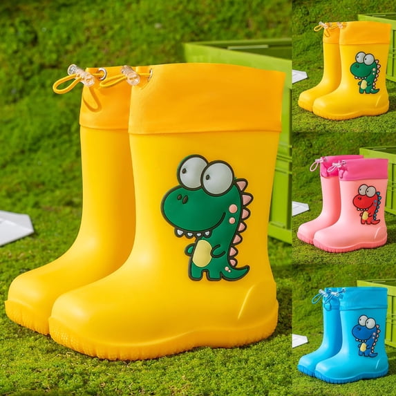 Hpapadks Boys Rain Boots Cute Dinosaur Cartoon Non Slip Lightweight Water Shoes With Adjustable Drawstring Wide Calf Waterproof Yellow 7-8 Y