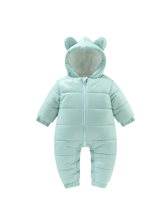 Boys Winter Coat Long Sleeve Solid Warm Bear Ears Hooded Down Padded Jumpsuit Coats Girls' Outerwear Jackets Mint Green 6 Months-12 Months