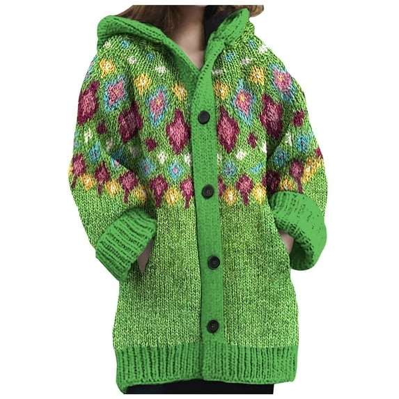Hpapadks Cardigans for Women Cozy Knitted Hooded with Pockets Long Sleeve Print Thick Warm Sweater Jacket Shrugs for Women Dresses