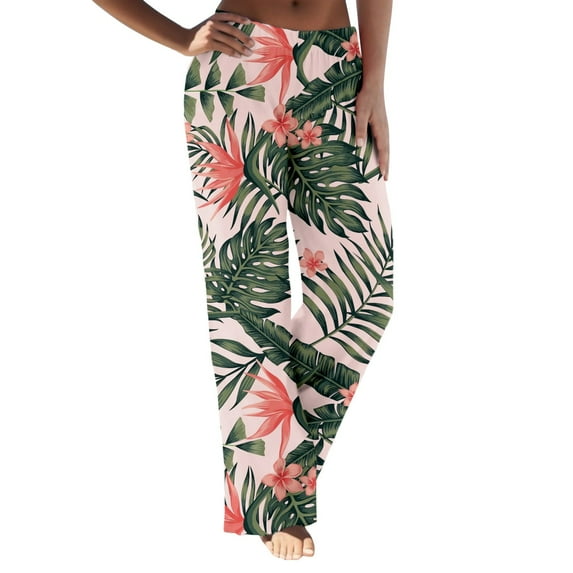 Hpapadks Casual Pants for Women Daily Home Outdoor Elastic Waist Side Pockets Leisure Flowers Slacks for Women Pink L