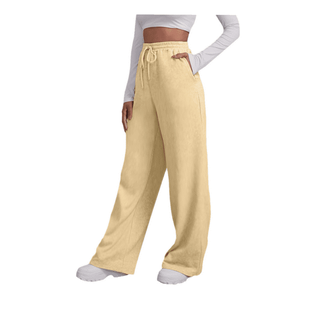 Hpapadks Casual Pants for Women Fleece Lined Wide Straight Leg Workout High Waisted Yoga Sports Pants with Pockets Slacks for Women Khaki L
