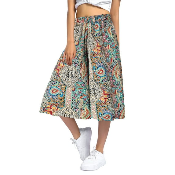 Hpapadks Casual Pants for Women Printed Elastic Waist Wide Leg High Waisted Knee Length Culottes Slacks for Women Khaki XXXL