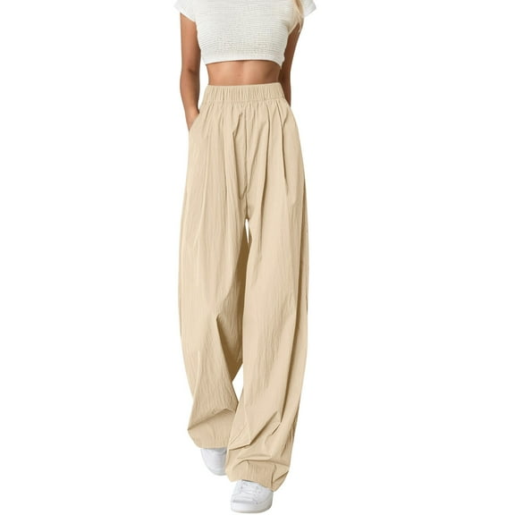 Hpapadks Casual Pants for Women Solid High Waisted Loose Fit Wide Leg Elastic Waist Flowy Pant Slacks for Women Beige L