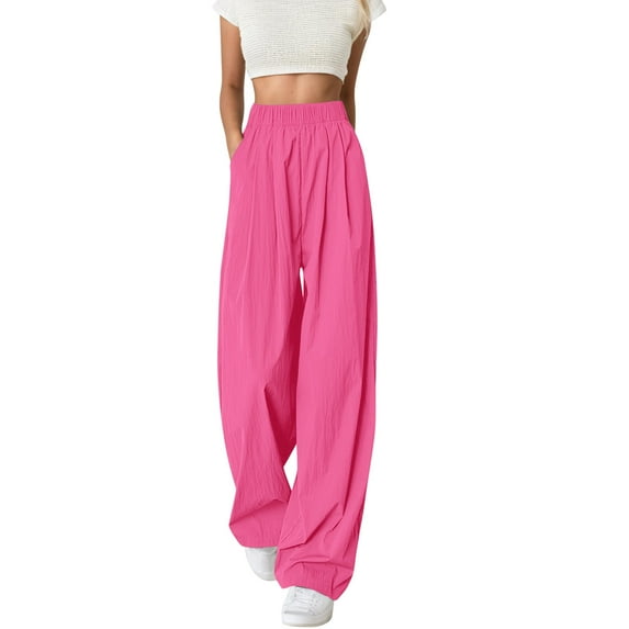 Hpapadks Casual Pants for Women Solid High Waisted Loose Fit Wide Leg Elastic Waist Flowy Pant Slacks for Women Hot Pink L