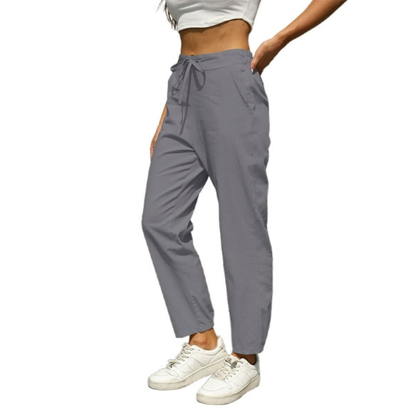 Hpapadks Casual Pants for Women Solid Linen Drawstring Elastic Waist Slim Fit Tapered Trousers Slacks for Women Grey XL