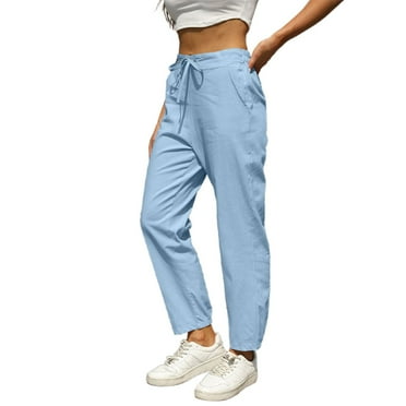 Hpapadks Casual Pants for Women Solid Linen Drawstring Elastic Waist Slim Fit Tapered Trousers Slacks for Women Light Blue M
