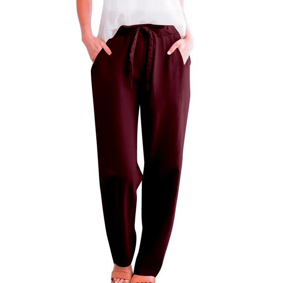 Hpapadks Casual Pants for Women Solid Linen Drawstring Elastic Waist Slim Fit Tapered Trousers Slacks for Women Wine M