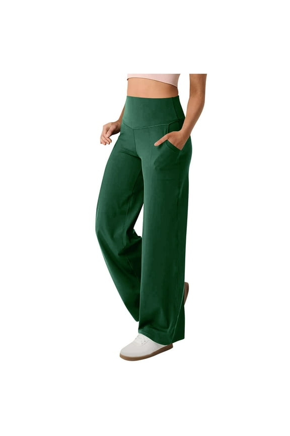 Casual Pants for Women Solid Straight Wide Leg Stretch Yoga Pant with Pockets Slacks for Women Dark Green S