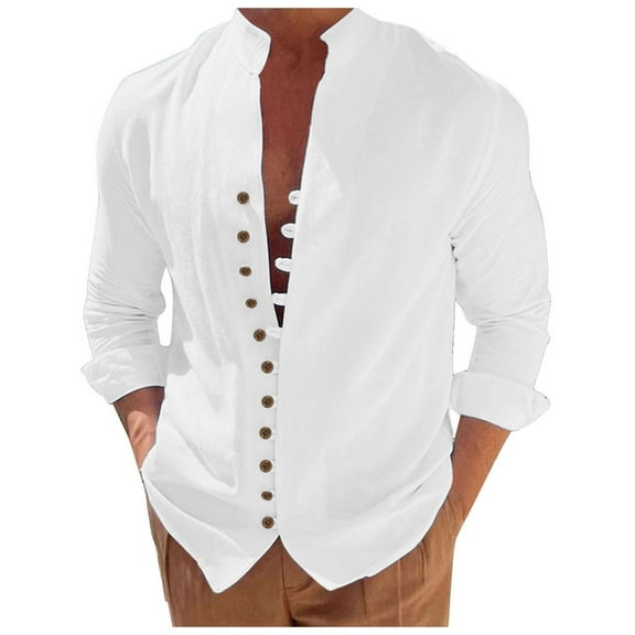 Hpapadks Casual Shirts for Men Long Sleeve Retro Beach Holiday Button Down Solid Blouses Loose Mens Dress Shirt White L