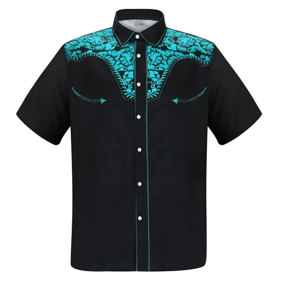 Hpapadks Casual Shirts for Men Western Cowboy 3D Print Short Sleeve Button Down Lapel Business Blouses Loose Mens Dress Shirt Blue L