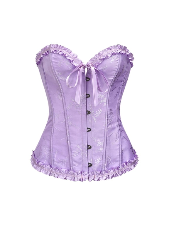 Corset Belt for Women Vintage Embroidery Patterns Ruched Bustier Bodysuit Retro Boned Overbust Push Up Lace Up Corset Belt Halloween Light Purple