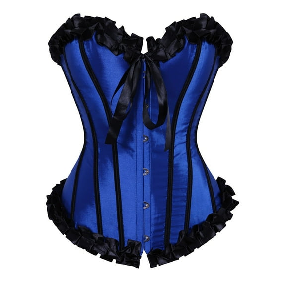 Hpapadks Corset Belts for Women Striped Ruffles Ruched Bustier Bodysuit Retro Boned Overbust Push Up Lace Up Corset Belt Halloween Blue