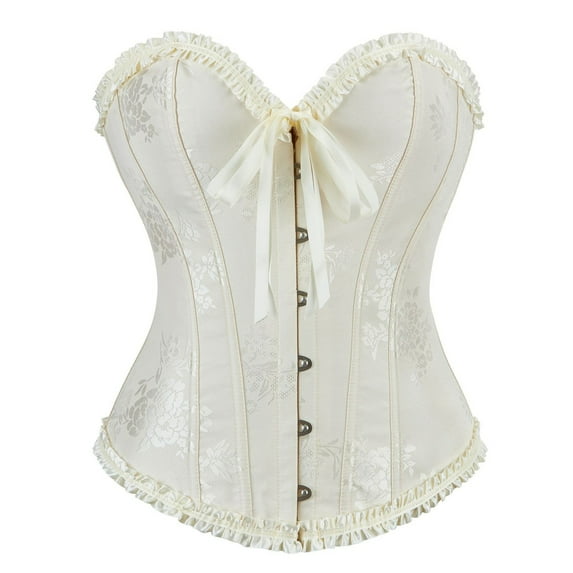 Hpapadks Corset Belts for Women Vintage Ruffles Boned Bustier Bodysuit with Front Tie Lace Up Retro Overbust Push Up Corset Belt Halloween Beige