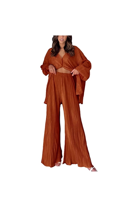 Cozy Lounge Sets for Women 2 Piece Outfits Solid Pleated Long Sleeve Button Down Shirt and Palazzo Pants Tracksuits for Women Set