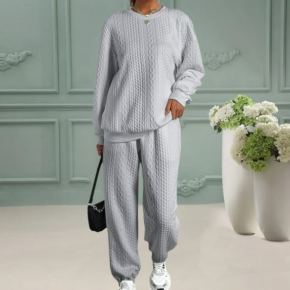 Hpapadks Cozy Lounge Sets for Women Jacquard 2 Piece Sweatsuits Long Sleeve Solid Oversized Sweatshirt Sweatpants Outfits Tracksuit for Women