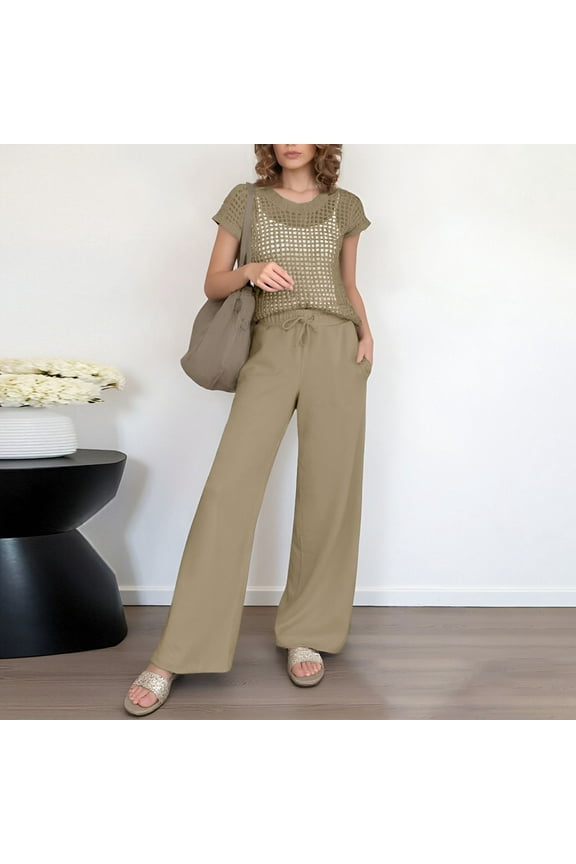 Cozy Lounge Sets for Women Short Sleeve Crochet Sheer Transparent Knit Top Wide Leg Pants Matching 2 Piece Outfits Tracksuit for Women
