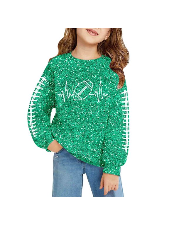 Crewneck Sweatshirts Kids Glitter Graphic Crewneck Sweatshirt Long Sleeve Pullover Casual Top Green 13-14 Years