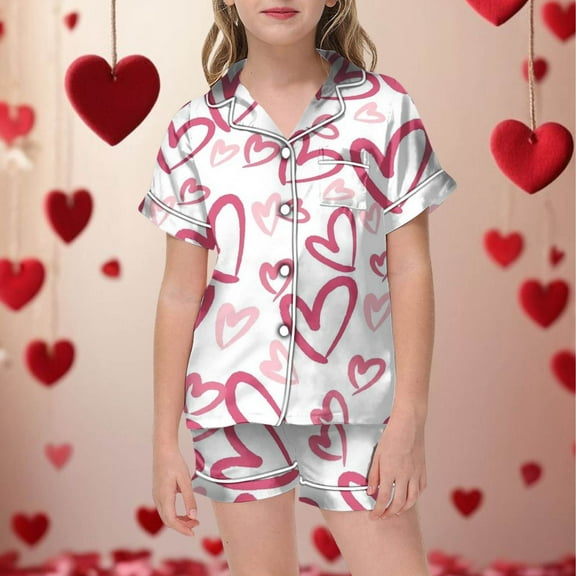 Hpapadks Fall Outfits for Girls Short Sleeve Hearts Print Shirt Shorts Casual Pajamas Set with Pockets for Valentine's Day Girls' Clothing Sets