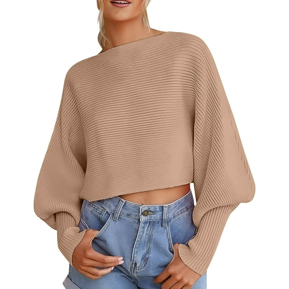 Hpapadks Fall Sweaters for Women 2025 Round Neck Knitted Sweaters Long Batwing Sleeve Solid Soft Loose Ribbed Pullover Top Cable Knit Sweater Women Khaki XL