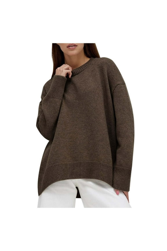 Fall Sweaters for Women 2025 Round Neck Oversized Wool Pullover Sweaters Solid Soft Knitted Sweatshirts Cable Knit Sweater Women Brown One Size