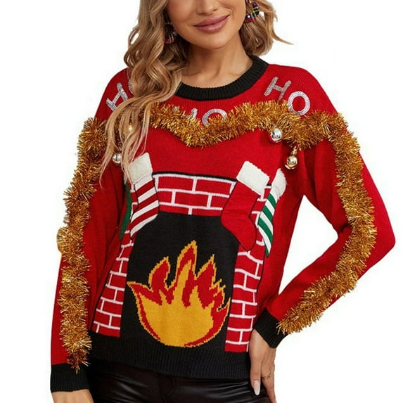 Hpapadks Fall Sweaters for Women 2025 Funny Christmas Gold Thread Lace Pullover Socks Embroidered Knitted Sweaters Halloween Sweater Red XL