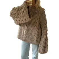 Hpapadks Fall Sweaters for Women Oversized Crewneck Flared Sleeve Solid Loose Pullover Knitted Sweaters Cable Knit Sweater Women Khaki L