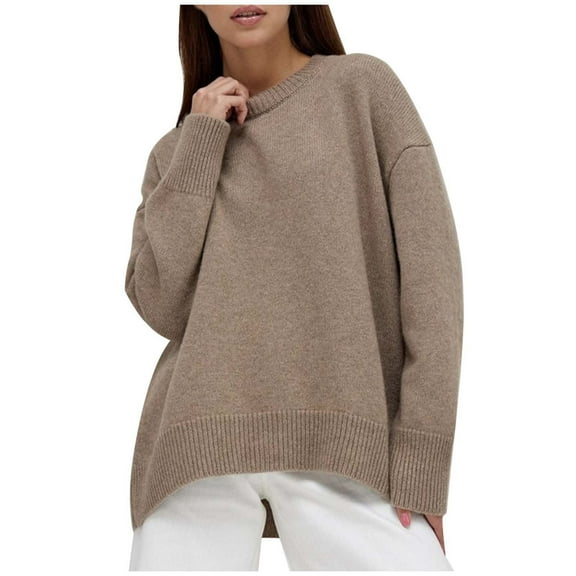 Hpapadks Fall Sweaters for Women Round Neck Oversized Wool Pullover Sweaters Solid Soft Knitted Sweatshirts Womens Sweater Khaki One Size