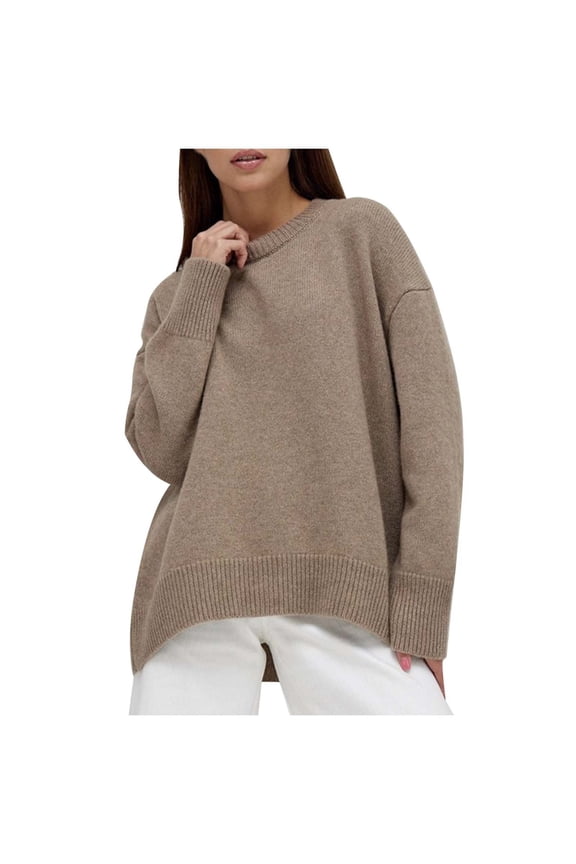 Fall Sweaters for Women Round Neck Oversized Wool Pullover Sweaters Solid Soft Knitted Sweatshirts Womens Sweater Khaki One Size