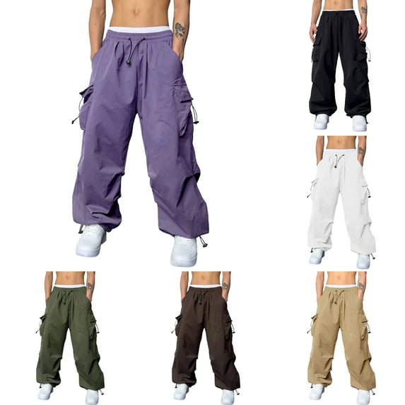 Hpapadks Flat Pocket Parachute Pants for Men Casual Baggy Cargo Pants Unisex Street Y2K Pants Drawstring Trouser