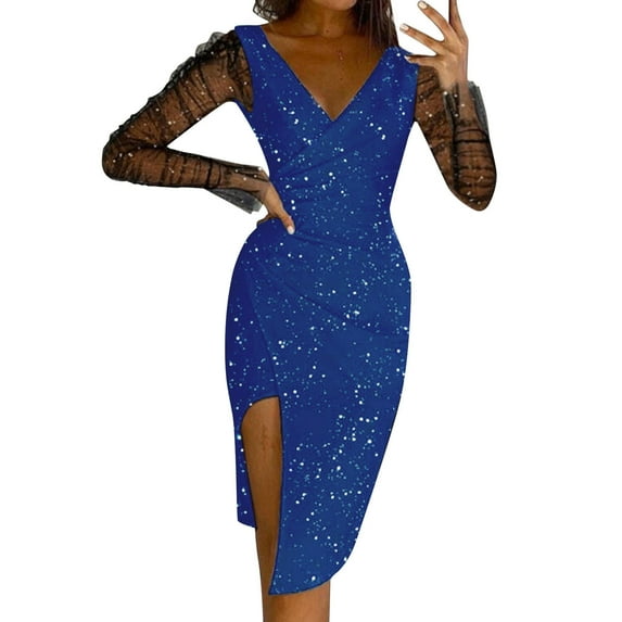 Hpapadks Formal Dresses for Women Mesh Long Sleeve V Neck Side Split Party Glittering Bodycon Dress Cocktail Dresses for Women Blue L