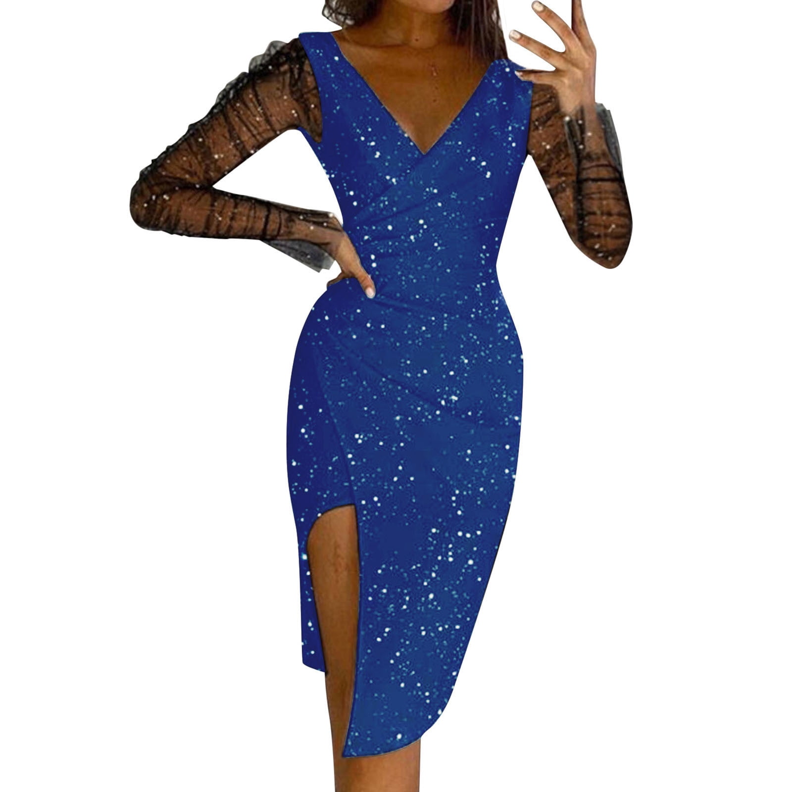 Hpapadks Formal Dresses for Women Mesh Long Sleeve V Neck Side Split — free download