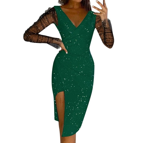 Hpapadks Formal Dresses for Women Mesh Long Sleeve V Neck Side Split Party Glittering Bodycon Dress Cocktail Dresses for Women Green L
