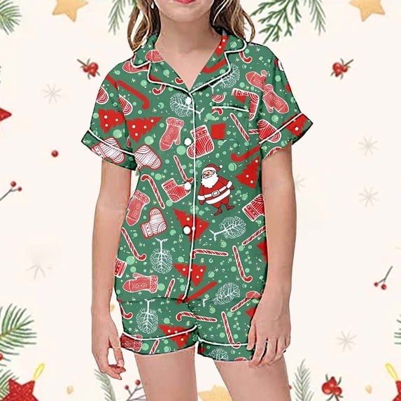 Hpapadks Girl Pajamas Christmas Collar Short Sleeve Pajama Set Button Down Girls Pjs C 10-11 Years