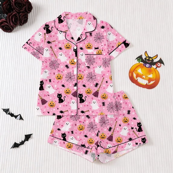 Hpapadks Girl Pajamas Halloween Lapel Short Sleeve Shorts Pajama Set Home Girls Pjs Pink 3-4 Years