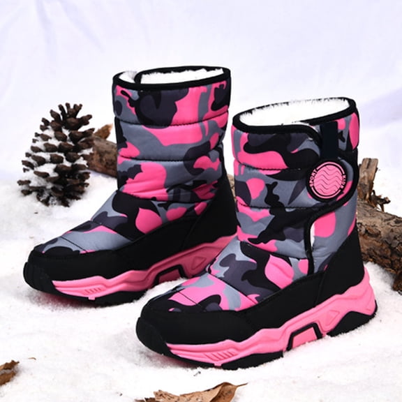 Hpapadks Girl Snow Boots Fashion Fall Sports Shoes Flat Thick Bottom Non Slip Easy To Wear Pu Upper Comfortable Snow Shoes Winter Boots Kids Hot Pink