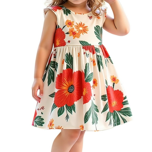 Hpapadks Girls Dresses Summer Fashion Cute Sleeveless Flowers Prints Princess Dress Dresses for Dresses Orange 18-24 Months
