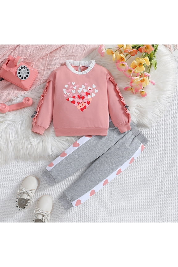Girls Fall Outfits Long Sleeve Hearts Pattern Sweatshirt Top Colorblock Pants Valentines Day Outfit Girls' Clothing Sets