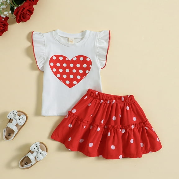 Hpapadks Girls Fall Outfits Valentine's Day Short Sleeve Hearts Printed T Shirt Tops Skirt Outfit Girls' Clothing Sets