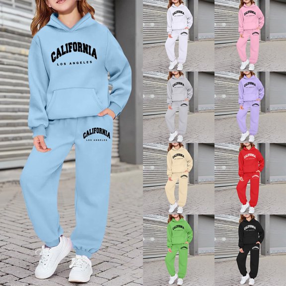 Hpapadks Girls Outfits Casual and Sports Wear Long Sleeve Letter Print Hooded Sweatshirt Sweatpant Set No Drawstring Girls' Clothing Sets